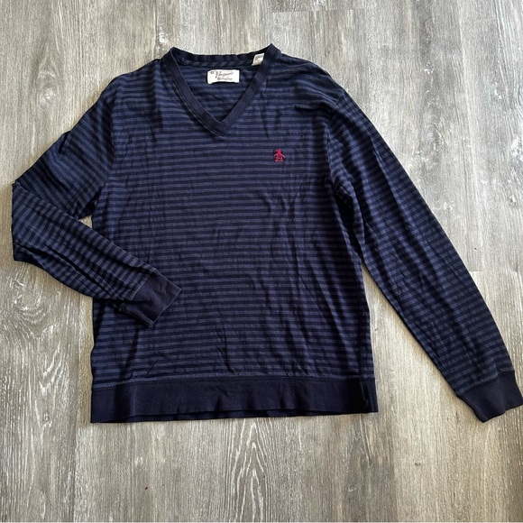 Penguin Original Long Sleeve Striped V-Neck Shirt in Navy Blue Size XL - Picture 2 of 5